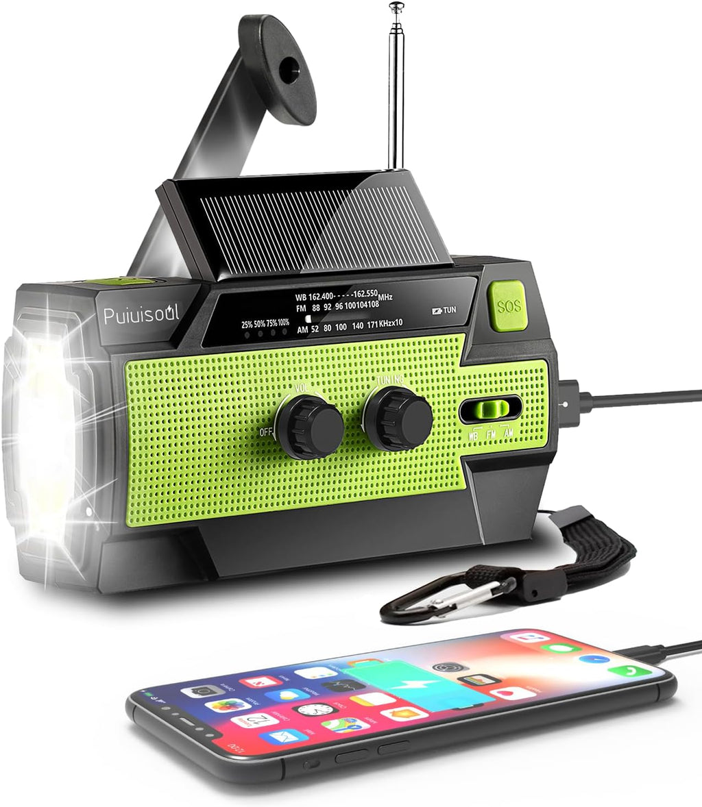 Emergency-Radio, 4000Mah Weather Radios with Hand Crank & Solar Charging,Portable 3 Gear LED Flashlight,Sos Alarm, Am/Fm/Noaa,Motion Sensor Reading Lamp
