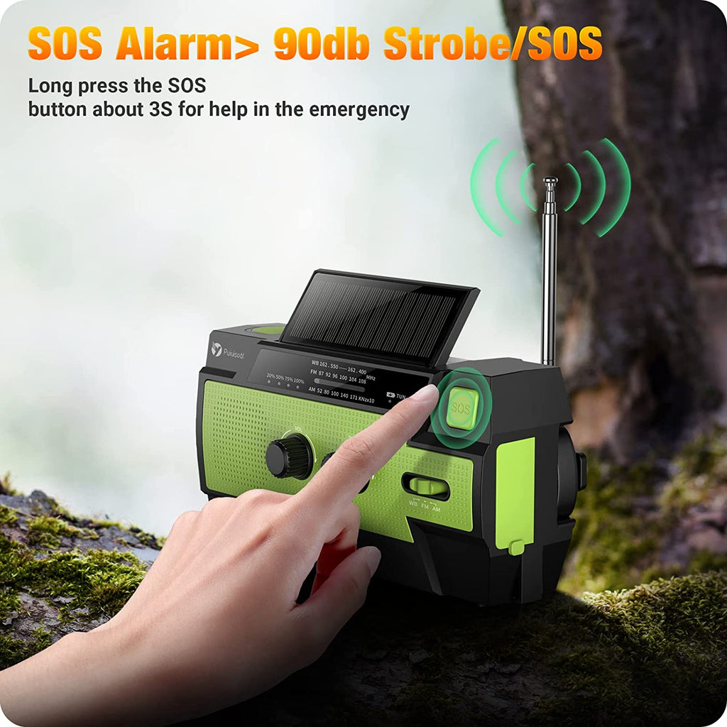 Emergency-Radio, 4000Mah Weather Radios with Hand Crank & Solar Charging,Portable 3 Gear LED Flashlight,Sos Alarm, Am/Fm/Noaa,Motion Sensor Reading Lamp